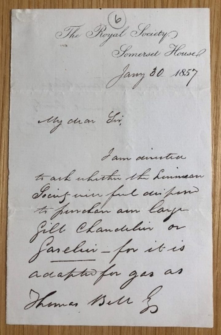 Letter from Royal Society offering chandelier to Linnean Society