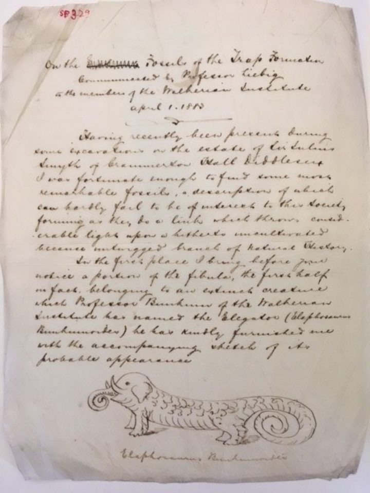 The first page of the paper with text written in ink and a sketch at the bottom.