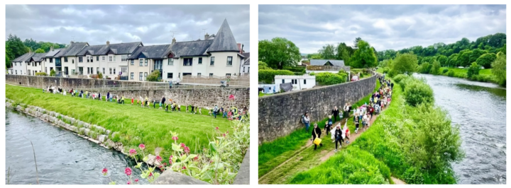 Two photos of a small parade along a grassy riverbank