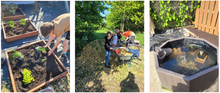 Left: A young person tends to small plants in a wooden planter. Middle: A group of young people raking leaves with wheelbarrows and a large pile. Right: An octagonal pond with a ramp for wildlife.