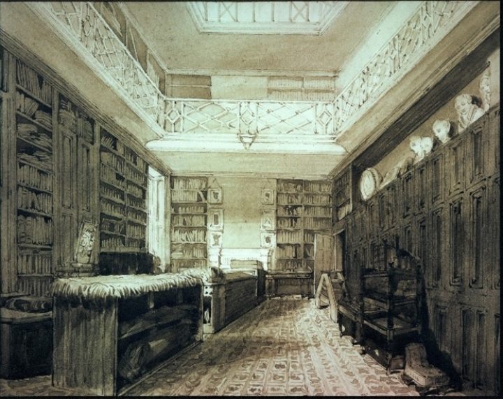 Black and white drawing of a room inside 32 Soho Square