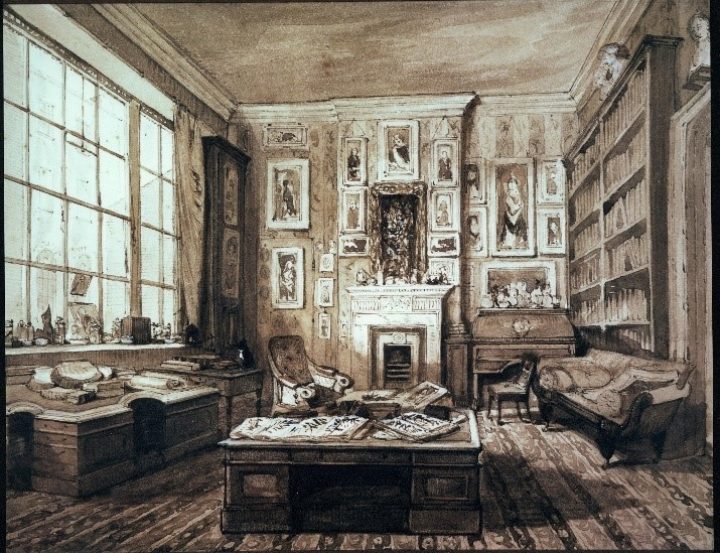 Black and white drawing of a room inside 32 Soho Square