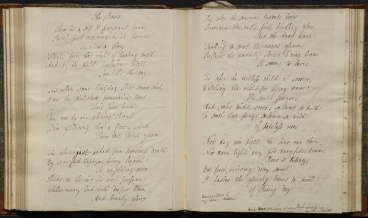 Handwritten copy of poem 'Dawn' by Sydney Owenson in one commonplace book
