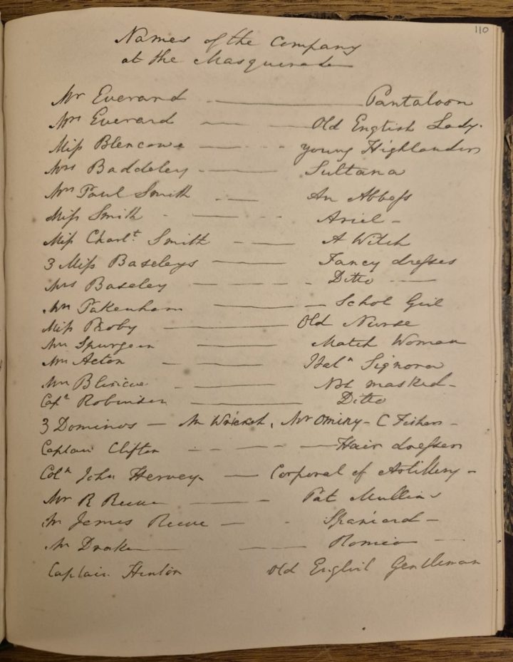 List of attendees at Sir Everard’s of Lowestoft Masquerade Ball