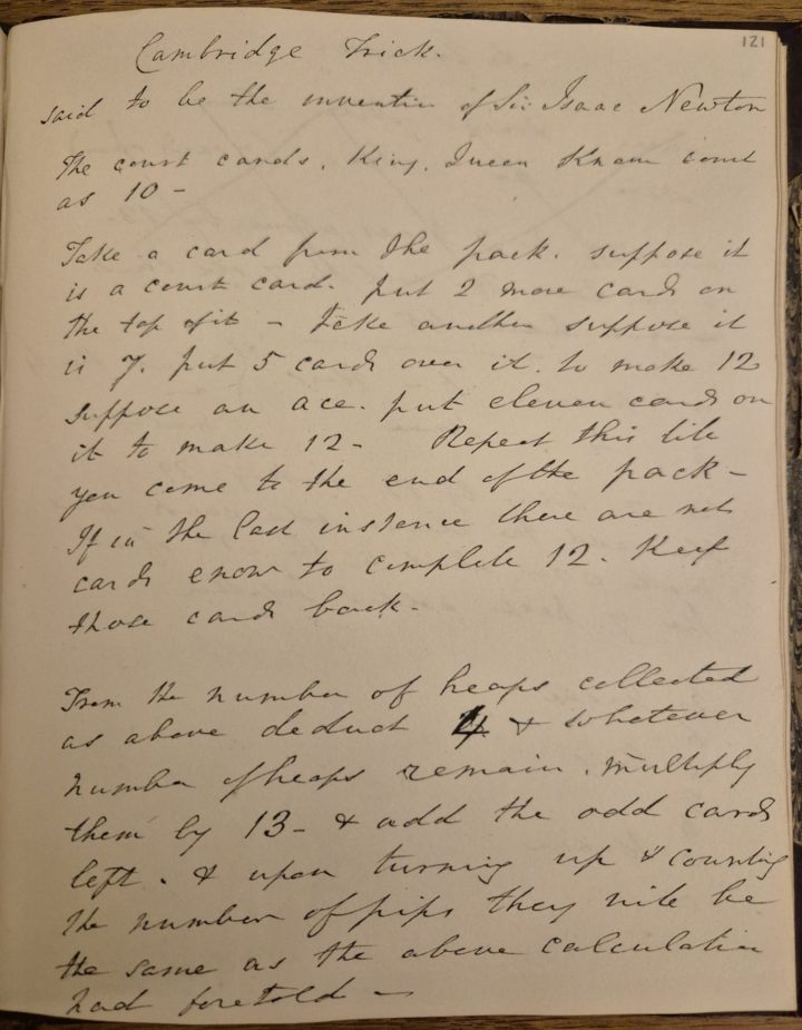 Handwritten rules for the "Cambridge Trick" card game