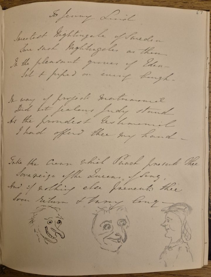 Poem 'To Jenny Lind' with three hand drawn pencil and ink sketches of Punch and Jenny Lind
