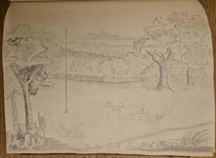 Pencil sketch of a landscape with a view of Windsor Castle in the far distance