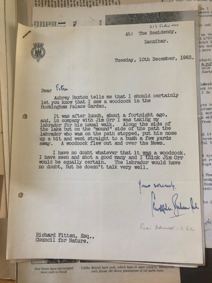 Typed letter from Christopher Bonham-Carter, to Richard Fitter discussing a sighting of a woodcock in Buckinham Palace Gardens to which both he and his dog were witnesses