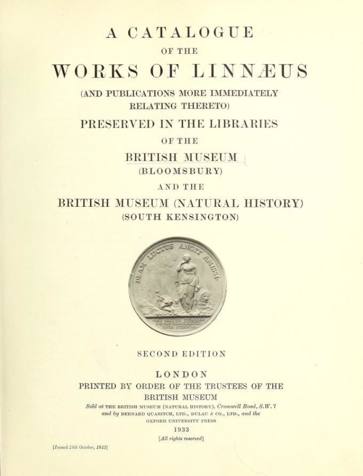 The front page of the second edition of Basil Soulsby's catalogue of the works of Linnaeus