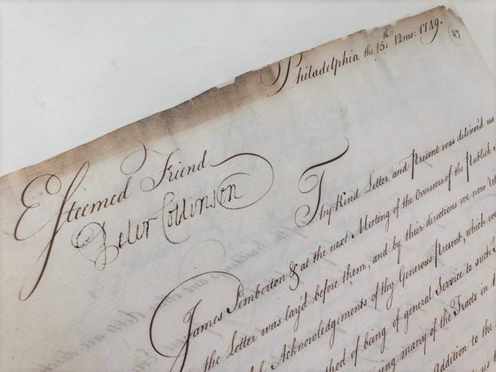 An official in Philadelphia thanks his "esteemed friend" Collinson for a donation of books and papers to the public school of Philadelphia in 1749
