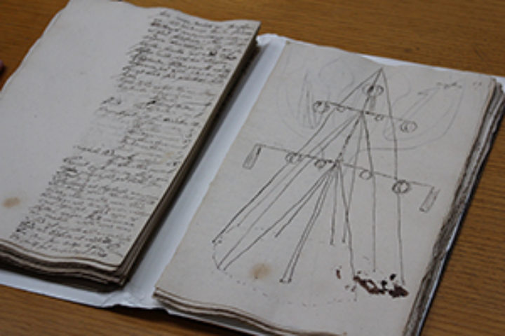 full-page sketch of the elaborate maypole with its yards and shrouds and flags...